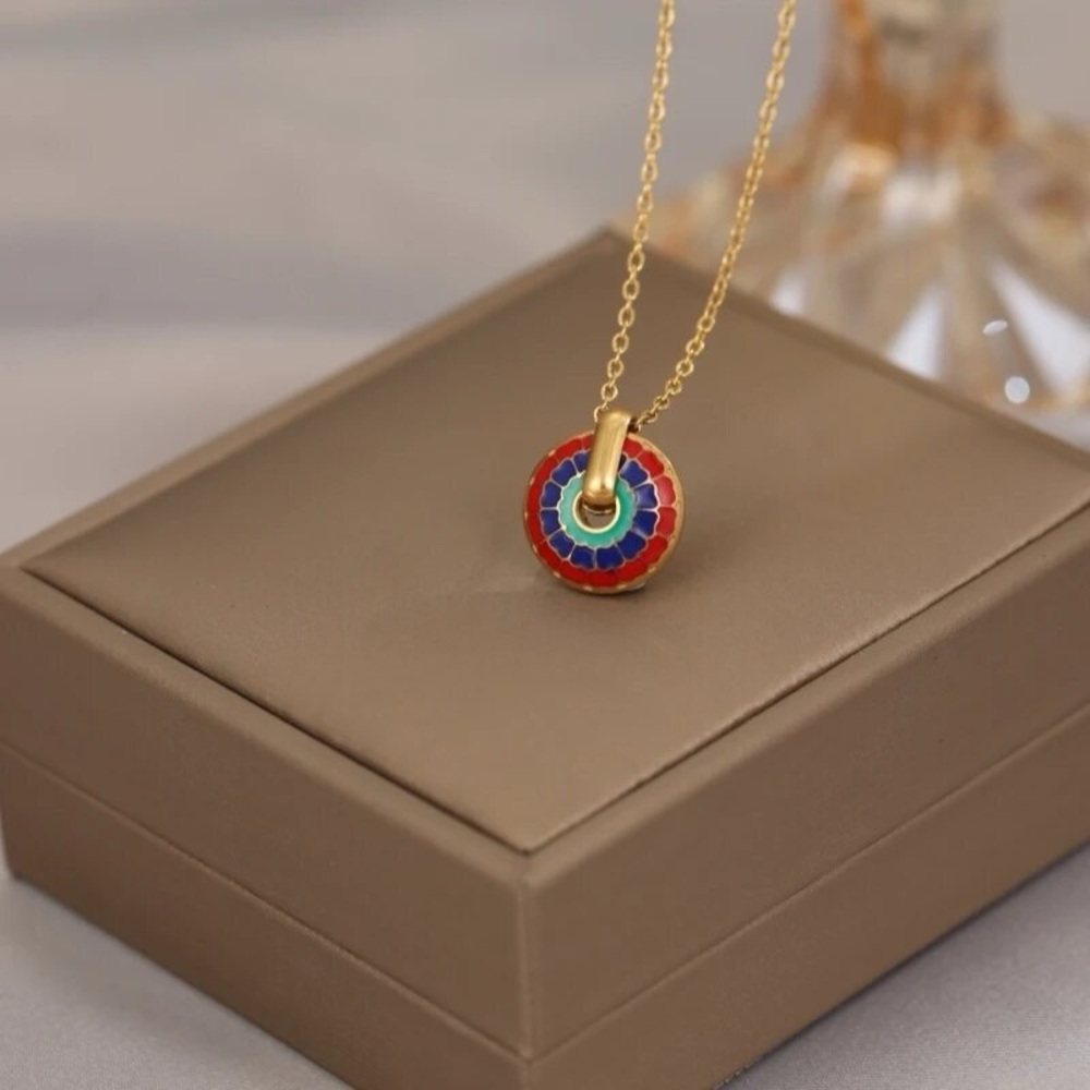 New Gold Bohemian Enamel Colored Disc Chunky Necklace & Huggie Hoop Earrings - Picture 7 of 10